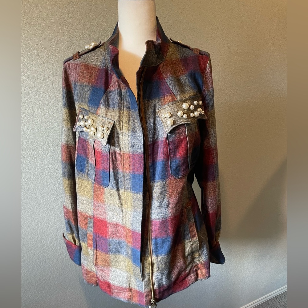 Plaid Jacket with Pearl Accents